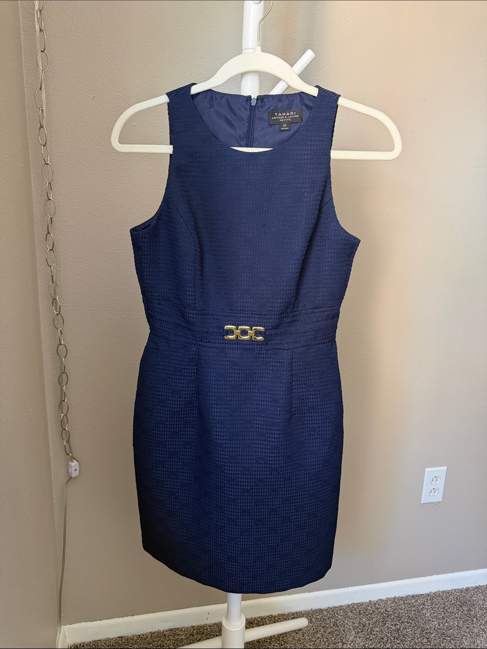 Tahari Navy Textured Midi Dress with Gold Buckle